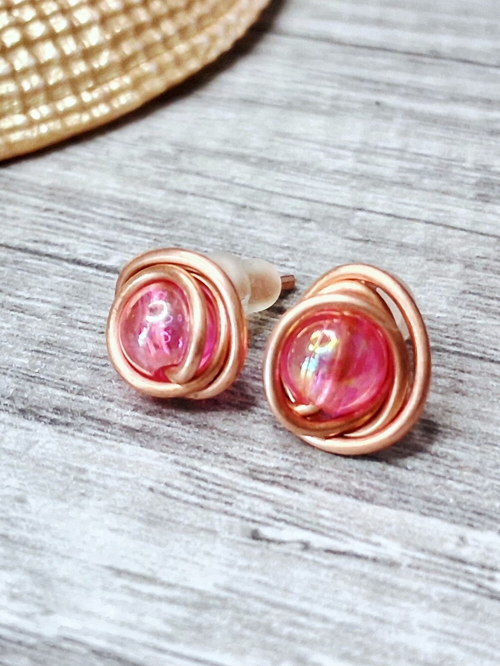 BOGO EARRINGS - Copper Wire Stud Earrings with Pink Iridescent Accents